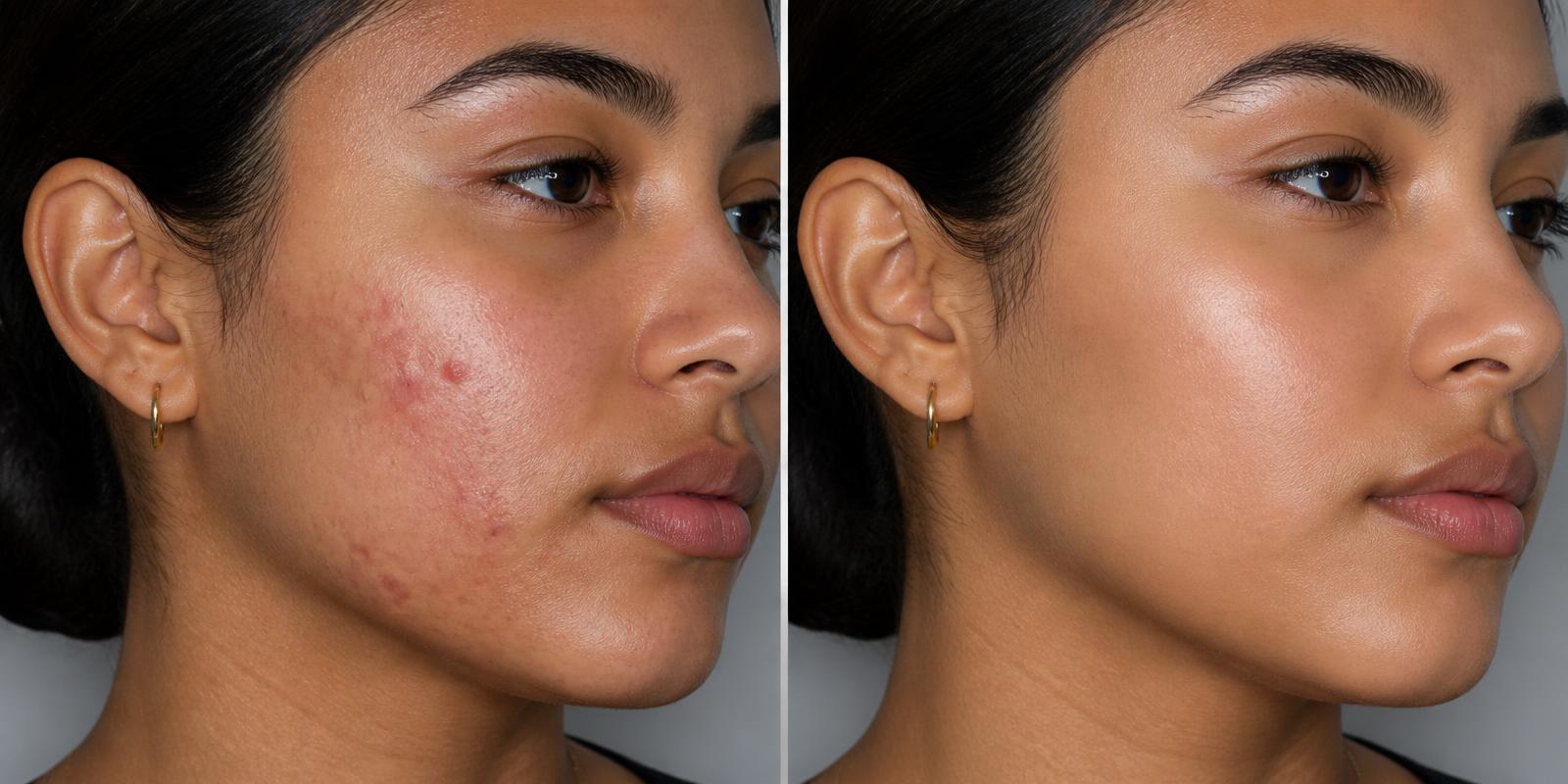 Antes e depois de tratamento de acne — pele do rosto antes com lesões inflamatórias e depois lisa e uniforme